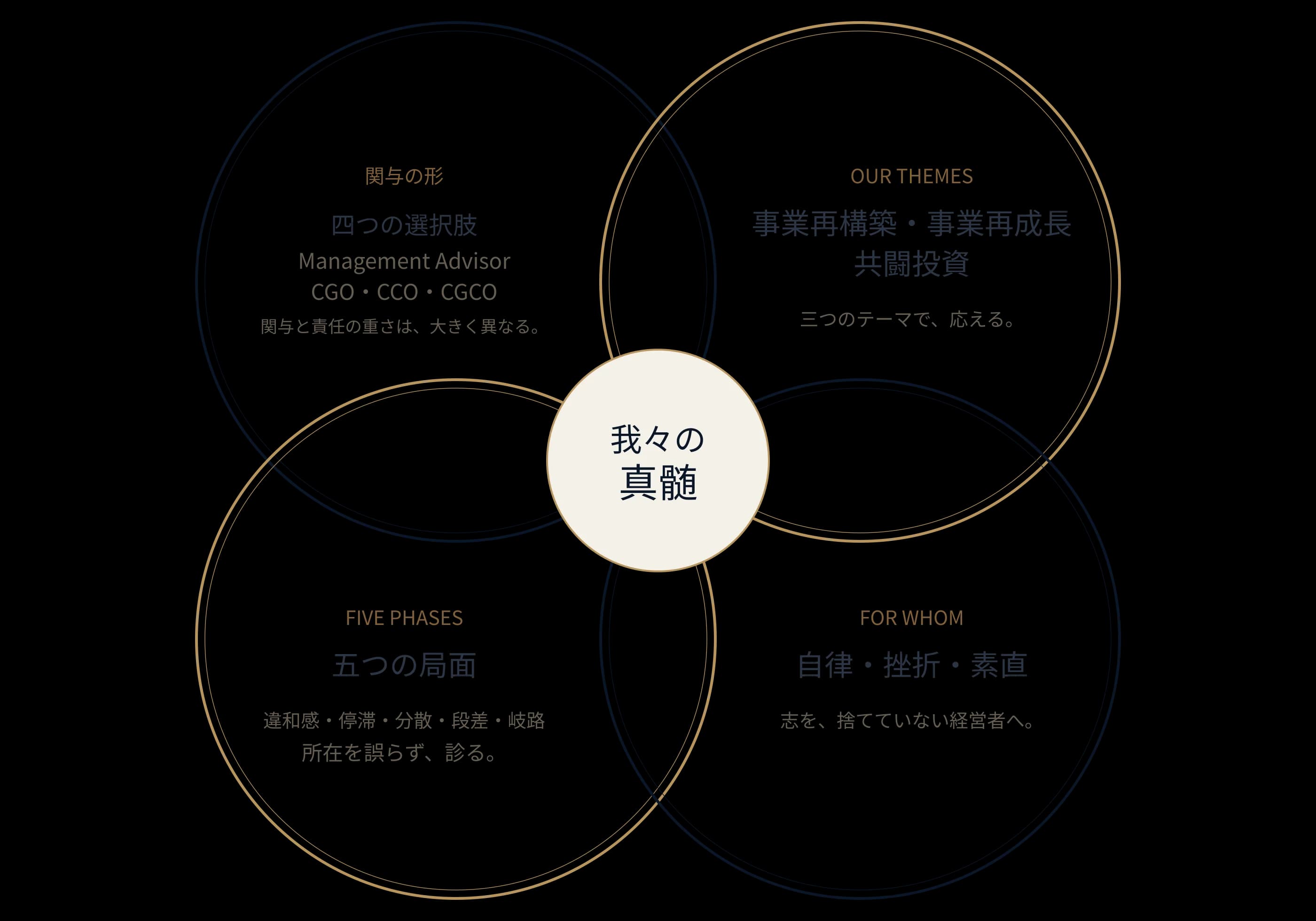 関与の形・テーマ・五つの局面・対象となる経営者の四つが重なる軍略全図
