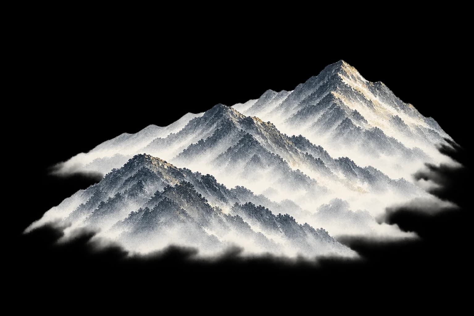 連なる山の墨画